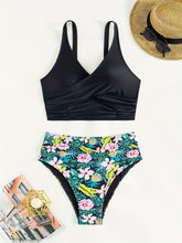 Load image into Gallery viewer, Bikini Solid Black Twist Front High Waist 2 Piece Swimsuit for Women – Stretchy V Neck Bikini Set with Ruched Tummy Control and Cross Strape Detail – Quick Drying Polyamide Swimwear for Beachwear Poolside and Summer Travel
