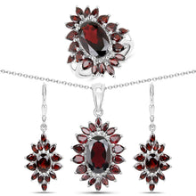 Load image into Gallery viewer, 20.24 Carat Genuine Garnet .925 Sterling Silver 3 Piece Jewelry Set (Ring, Earrings, and Pendant w/ Chain)
