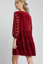 将图片加载到图库查看器，Dotted Lace Sleeve Tiered Velvet Mini Dress For Women – Vintage Lace Dress, Tiered Velvet Dress, Elegant Party Dress, Whimsical Lace Sleeve Dress, Chic Mini Dress
