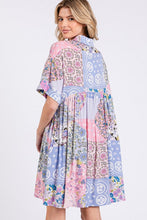 Load image into Gallery viewer, Pink Multicolor Floral Collared Neck Half Sleeve Mini Shirt Dress Feminine Floral Print Dress for Women
