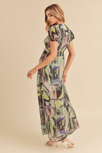 将图片加载到图库查看器，Lace Detail Slit Geometric Print Short Sleeve Maxi Comfortable Dress For Women, Elegant Lace, Alluring Slit, Sophisticated Geometric Print for Casual &amp; Dressy Occasions
