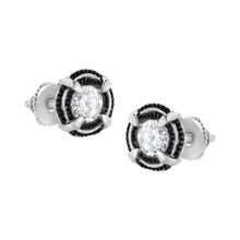 将图片加载到图库查看器，Black Rhodium Plated .925 Sterling Silver Round 1-1/2 cttw Diamond Double Halo 4-Prong Solitaire Milgrain Stud Earrings (H-I Color, I2-I3 Clarity)
