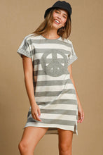 将图片加载到图库查看器，Peace Applique Striped Short Sleeve Mini Dress – Fun Peace Sign Applique, Chic Stripes, and High-Low Hem for Stylish Comfort
