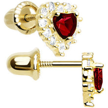 Load image into Gallery viewer, 14k Yellow Gold Heart CZ January Birthstone Youth Screwback Earrings
