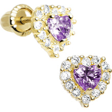 Load image into Gallery viewer, 14k Yellow Gold Heart CZ February Birthstone Youth Screwback Earrings
