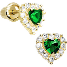Load image into Gallery viewer, 14k Yellow Gold Heart CZ May Birthstone Youth Screwback Earrings
