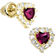 Load image into Gallery viewer, 14k Yellow Gold Heart CZ July Birthstone Youth Screwback Earrings

