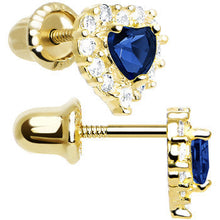 Load image into Gallery viewer, 14k Yellow Gold Heart CZ September Birthstone Youth Screwback Earrings
