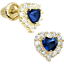 Load image into Gallery viewer, 14k Yellow Gold Heart CZ September Birthstone Youth Screwback Earrings
