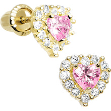 Load image into Gallery viewer, 14k Yellow Gold Heart CZ October Birthstone Youth Screwback Earrings
