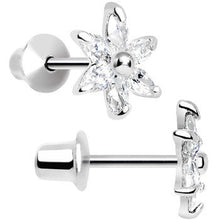 Load image into Gallery viewer, .925 Sterling Silver Clear CZ Dainty Flower Youth Screwback Earrings
