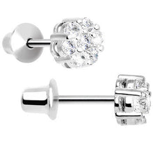 Load image into Gallery viewer, .925 Sterling Silver Clear CZ Small Flower Youth Screwback Earrings
