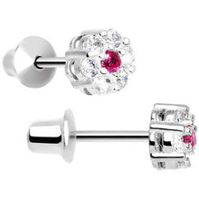 Load image into Gallery viewer, .925 Sterling Silver Pink CZ Small Flower Youth Screwback Earrings
