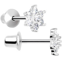 Load image into Gallery viewer, .925 Sterling Silver Clear CZ Petite Flower Youth Screwback Earrings
