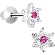 Load image into Gallery viewer, .925 Sterling Silver Pink CZ Petite Flower Youth Screwback Earrings
