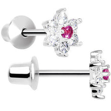 Load image into Gallery viewer, .925 Sterling Silver Pink CZ Petite Flower Youth Screwback Earrings
