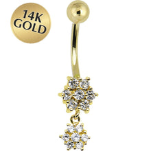 Load image into Gallery viewer, 16G Solid 14k Yellow Gold Cubic Zirconia Dangle Flower Belly Ring
