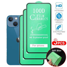 Load image into Gallery viewer, 3PCS 100D Ceramic Protective Glass For iPhone 14 13 12 Mini 11 Pro XR XS Max X 8 7 Plus SE 2020 Soft Screen Protector Film Series Tempered Glass Screen Protector
