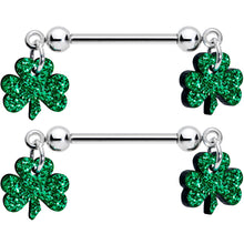 Load image into Gallery viewer, 14G 5/8 Green Glitter St Patricks Day Shamrock Nipple Ring Set
