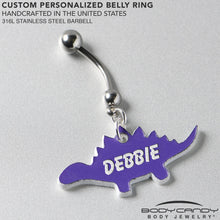 Load image into Gallery viewer, Custom Purple Stegosaurus Dinosaur Personalized Dangle Belly Ring
