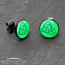 Load image into Gallery viewer, Black Anodized Halloween Ghost Dog Walker Glow in the Dark Stud Earrings by Onyx O

