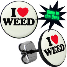 Load image into Gallery viewer, Black Anodized I Love Weed Glow in the Dark Stud Earrings by Onyx O
