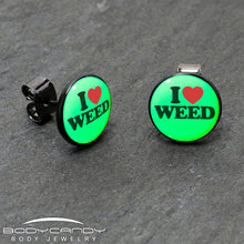 Load image into Gallery viewer, Black Anodized I Love Weed Glow in the Dark Stud Earrings by Onyx O
