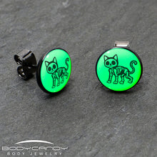 Load image into Gallery viewer, Black Anodized Skeleton Kitty Cat Glow in the Dark Stud Earrings by Onyx O

