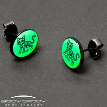 Load image into Gallery viewer, Black Anodized Skeleton Kitty Cat Glow in the Dark Stud Earrings by Onyx O
