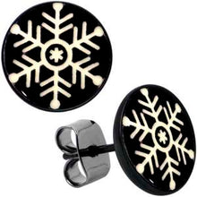 Load image into Gallery viewer, Black Anodized Glow in the Dark Holiday Snowflake Stud Earrings by Onyx O
