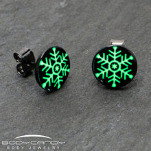 Load image into Gallery viewer, Black Anodized Glow in the Dark Holiday Snowflake Stud Earrings by Onyx O
