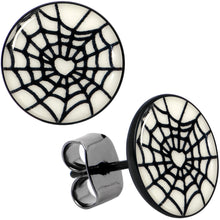Load image into Gallery viewer, Black Anodized Steel Heart Spider Web Glow in the Dark Stud Earrings by Onyx O
