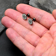 Load image into Gallery viewer, Black Anodized Steel Heart Spider Web Glow in the Dark Stud Earrings by Onyx O
