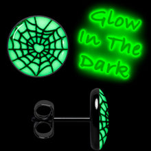 Load image into Gallery viewer, Black Anodized Steel Heart Spider Web Glow in the Dark Stud Earrings by Onyx O
