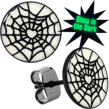 Load image into Gallery viewer, Black Anodized Steel Heart Spider Web Glow in the Dark Stud Earrings by Onyx O
