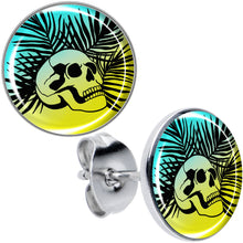 Load image into Gallery viewer, Blue Haze Sunset Skull and Palms Stud Earrings by Onyx O
