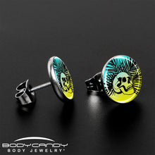 Load image into Gallery viewer, Blue Haze Sunset Skull and Palms Stud Earrings by Onyx O
