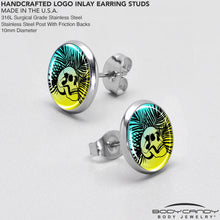 Load image into Gallery viewer, Blue Haze Sunset Skull and Palms Stud Earrings by Onyx O
