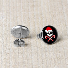Load image into Gallery viewer, Santa Pirate Candy Cane Skull Stud Earrings by Onyx O
