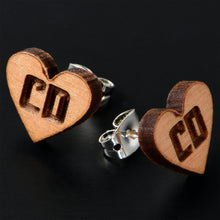 Load image into Gallery viewer, Custom No 2 Earrings Wood Initial Heart Personalized Stud Earrings
