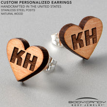 Load image into Gallery viewer, Custom No 2 Earrings Wood Initial Heart Personalized Stud Earrings

