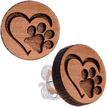 将图片加载到图库查看器，Natural Maple Wood Heart Paw Print Stud Earrings
