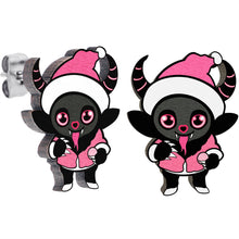 Load image into Gallery viewer, Handmade Wooden Krampus Cutie Holiday Christmas Stud Earrings by Onyx O
