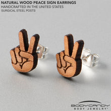 Load image into Gallery viewer, Natural Maple Wood Peace Sign Fingers Stud Earrings
