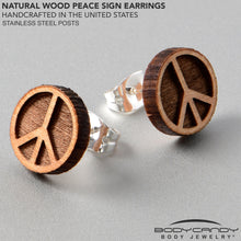 Load image into Gallery viewer, Natural Maple Wood Peace Sign Symbol Stud Earrings
