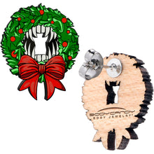 Load image into Gallery viewer, Handmade Wooden Vampire Wreath Holiday Christmas Stud Earrings by Onyx O
