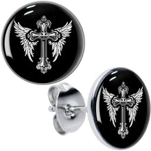 Load image into Gallery viewer, Black White Winged Cross Stud Earrings by Onyx O

