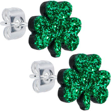 Load image into Gallery viewer, Stainless Steel Green Glitter Shamrock St Patricks Stud Earrings

