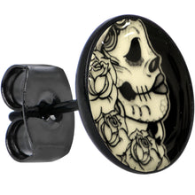 Load image into Gallery viewer, Black Anodized Gothic Rose Flower Skull Glow in the Dark Stud Earrings
