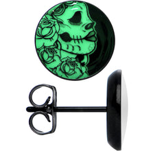 Load image into Gallery viewer, Black Anodized Gothic Rose Flower Skull Glow in the Dark Stud Earrings
